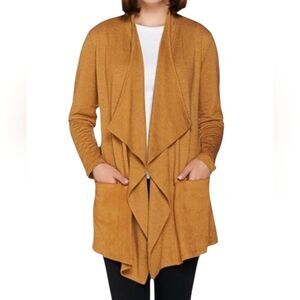 Tan Drape Front Waterfall Cardigan French Terry Faux Suede Lounge Western 3X‎